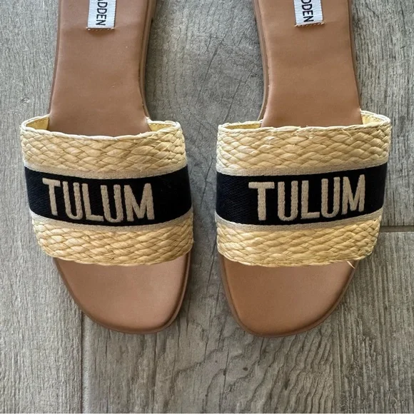 Steve Madden Knox Tulum Tan and Black Slide Sandals - Picture 2 of 7